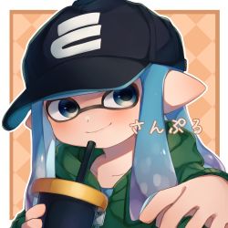 Rule 34 | 1girl, akr tmr, black hat, blue eyes, blue hair, closed mouth, collarbone, cup, drinking straw, green hoodie, hat, highres, holding, holding cup, hood, hood down, hoodie, inkling, inkling girl, inkling player character, long hair, long sleeves, looking at viewer, nintendo, pointy ears, smile, solo, splatoon (series), tentacle hair, translation request, zipper pull tab