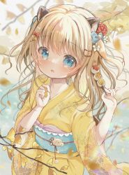 Rule 34 | 1girl, animal ears, blue bow, blue eyes, bow, branch, cat ears, commentary request, flower, ginkgo leaf, hair bow, hair flower, hair ornament, hands up, highres, holding, japanese clothes, kimono, leaf, light brown hair, long hair, long sleeves, looking at viewer, obi, open mouth, original, red flower, rin (fuwarin), sash, solo, two side up, white flower, wide sleeves, yellow kimono