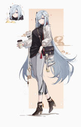 Rule 34 | 1girl, absurdres, aether (genshin impact), alternate costume, animal, bag, black bow, black footwear, black shirt, blue eyes, bow, breasts, cat, character doll, closed mouth, cup, expressionless, flower, full body, genshin impact, grey hair, grey pants, hair ornament, hair over eyes, highres, holding, holding cup, charm (object), long coat, long hair, long sleeves, lumine (genshin impact), medium breasts, pants, shenhe (genshin impact), shirt, shoulder bag, simple background, solo, very long hair, walking, white flower, yajuu