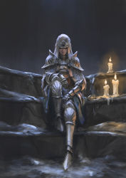 Rule 34 | 1girl, armor, armored boots, boots, candle, candle wax, dark souls (series), dark souls iii, fadly romdhani, fire, gauntlets, shoulder armor, sirris of the sunless realms, sitting, solo focus, veil