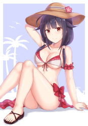 Rule 34 | 10s, 1girl, armband, bare shoulders, bikini, black hair, blush, breasts, cai geng, cleavage, flower, hair flaps, hat, highres, kantai collection, long hair, looking at viewer, low twintails, medium breasts, purple hair, red eyes, ryuuhou (kancolle), sarong, sitting, smile, solo, sun hat, swimsuit, taigei (kancolle), twintails