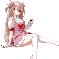 Rule 34 | 1girl, apron, bandaged arm, bandages, brown hair, buttons, center frills, clipboard, collared dress, dress, frills, hair ornament, highres, holding, holding clipboard, holding pen, invisible chair, long hair, natori sana, open mouth, pen, pink apron, prossss, puffy short sleeves, puffy sleeves, red eyes, sana channel, short sleeves, sidelocks, sitting, solo, thighhighs, two side up, virtual youtuber, white background, white dress, white thighhighs