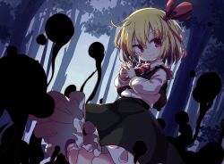 Rule 34 | 1girl, absurdres, ascot, black skirt, black vest, blonde hair, closed mouth, commentary, darkness, forest, frilled skirt, frills, hair ribbon, highres, isu (is88), long sleeves, looking at viewer, nature, outdoors, own hands together, red ascot, red eyes, red ribbon, ribbon, rumia, shirt, short hair, skirt, smile, solo, touhou, vest, white shirt