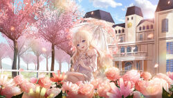 Rule 34 | 1girl, :d, appble, atmospheric perspective, balcony, blonde hair, blue eyes, blue sky, building, cherry blossoms, day, dress, falling petals, fence, flower, frilled dress, frills, full body, holding, holding umbrella, horizon, long hair, open mouth, outdoors, petals, pink flower, pink rose, rose, scenery, sky, smile, solo, spring (season), squatting, strapless, strapless dress, tales runner, too many flowers, tree, umbrella, white dress, window, yellow flower