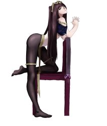 Rule 34 | 1girl, ass, bare shoulders, black pantyhose, brown eyes, brown hair, chair, circlet, feet, fire emblem, fire emblem awakening, full body, head tilt, headdress, highres, interlocked fingers, lips, long hair, looking at viewer, lzx, midriff, nintendo, own hands clasped, own hands together, pantyhose, purple eyes, purple hair, sash, simple background, solo, standing, standing on one leg, tharja (fire emblem), twintails, white background
