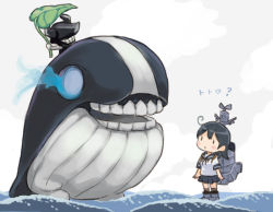 Rule 34 | 1girl, 1other, ahoge, black hair, blue sailor collar, blue skirt, character request, commentary request, kantai collection, long hair, machinery, parody, pleated skirt, saiguchi otoufu, sailor collar, school uniform, serafuku, simple background, skirt, standing, standing on liquid, tonari no totoro, ushio (kancolle), water, whale, white background