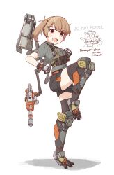 Rule 34 | 1girl, :d, absurdres, ammunition pouch, battle of titans, belt, black shorts, blonde hair, brown eyes, clawed boots, exoskeleton, gatling gun, gloves, hair ornament, hairclip, highres, hozukikasumi, light brown hair, mecha musume, mechanical legs, mechanical parts, minigun, multishot rocket launcher, open mouth, personification, bulletproof vest, pouch, ravager (battle of titans), rocket launcher, shorts, side ponytail, smile, standing, standing on one leg, strap, thighhighs, weapon, white background
