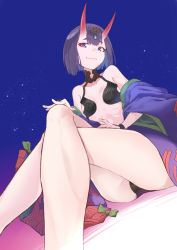 Rule 34 | 1girl, bare shoulders, bob cut, breasts, coffeekite, collarbone, crossed legs, eyeliner, fate/grand order, fate (series), headpiece, highres, horns, japanese clothes, kimono, long sleeves, looking at viewer, makeup, oni, purple eyes, purple hair, purple kimono, revealing clothes, short hair, shuten douji (fate), skin-covered horns, small breasts, smile, solo, thighs, wide sleeves