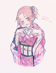 Rule 34 | 1girl, ;d, alternate costume, cropped legs, floral print, gloves, green eyes, grey background, hair ribbon, haruno sakura, heart, heart hands, highres, japanese clothes, kimono, long sleeves, naruto (series), obi, one eye closed, one side up, open mouth, pink hair, pink kimono, print kimono, ribbon, sash, short hair, simple background, sketch, smile, solo, suzu (tg 390), white gloves, wide sleeves