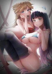 Rule 34 | angel setsuna, bikini, blue eyes, blush, bottomless, bow, breasts, condom, condom in mouth, dress, green eyes, hair bow, large breasts, legs, long hair, looking at viewer, mouth hold, multicolored hair, panty &amp; stocking with garterbelt, panty (psg), red dress, shiny skin, siblings, sisters, stocking (psg), striped bikini, striped clothes, striped legwear, striped thighhighs, swimsuit, thighhighs, two-tone hair