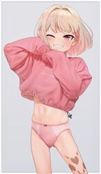 Rule 34 | 1girl, alternate costume, blonde hair, blush, border, commentary request, cropped sweater, feet out of frame, gluteal fold, grey background, grin, hair intakes, hands up, highres, leg tattoo, long sleeves, looking at viewer, makaino ririmu, midriff, multicolored hair, navel, nijisanji, one eye closed, panties, pink panties, pink sweater, pointy ears, print sweater, puffy long sleeves, puffy sleeves, red eyes, sabamen, short hair, simple background, sleeves past fingers, sleeves past wrists, smile, solo, stomach, sweater, tattoo, thighs, underwear, virtual youtuber, white border