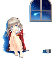 Rule 34 | 10s, 1girl, against wall, arm support, bare legs, barefoot, blue eyes, blush, breasts, camcorder, camera, charlotte (anime), comet, convenient leg, feet, full body, glowing, grey hair, hand on own knee, head tilt, indoors, legs, long hair, long sleeves, looking at viewer, miniskirt, na-ga, neckerchief, night, night sky, petticoat, school uniform, scrunchie, serafuku, shadow, simple background, sitting, skirt, sky, small breasts, solo, star (sky), starry sky, toes, tomori nao, twintails, two side up, video camera, wavy hair, white background, window