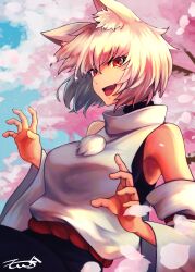 Rule 34 | 1girl, absurdres, animal ear fluff, animal ears, bare shoulders, cherry blossoms, commission, detached sleeves, equality taira, fang, highres, inubashiri momiji, looking at viewer, open mouth, outdoors, red eyes, shirt, short hair, skeb commission, sleeveless, sleeveless shirt, smile, solo, touhou, white hair, wolf ears, wolf girl