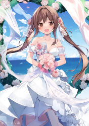 Rule 34 | 1girl, aomi kanon, bare shoulders, blue sky, blush, bouquet, breasts, bride, brown eyes, brown hair, cleavage, cloud, collarbone, day, dress, dress flower, floating hair, flower, hair between eyes, hair flower, hair ornament, highres, holding, holding bouquet, karory, long hair, looking at viewer, medium breasts, ocean, open mouth, original, outdoors, pink flower, pink rose, rose, sky, smile, solo, strapless, strapless dress, twintails, very long hair, wedding dress, white dress, wind