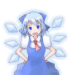 Rule 34 | 1girl, blue dress, blue eyes, blue hair, cirno, cowboy shot, dress, female focus, hands on own hips, ice, ice wings, kanoe soushi, looking at viewer, lowres, matching hair/eyes, necktie, puffy short sleeves, puffy sleeves, red necktie, short sleeves, simple background, solo, touhou, white background, wings