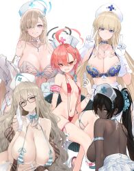 Rule 34 | 5girls, ahoge, akane (blue archive), areola slip, asuna (blue archive), asymmetrical bangs, back, bare shoulders, bikini, black hair, blonde hair, blue archive, blue bra, blue eyes, blush, bra, braid, breasts, brown eyes, choker, cleavage, collarbone, dark-skinned female, dark skin, dishwasher1910, double v, french braid, glasses, gloves, grin, hair between eyes, hair over one eye, halo, hat, highres, huge ahoge, jewelry, karin (blue archive), large breasts, light brown hair, long hair, looking at viewer, looking back, mole, mole under eye, multiple girls, navel, necklace, neru (blue archive), nurse cap, one-piece swimsuit, open mouth, orange hair, ponytail, red eyes, red one-piece swimsuit, shawl, short hair, side braid, skirt, slingshot swimsuit, small breasts, smile, striped bikini, striped clothes, swimsuit, syringe, toki (blue archive), underwear, v, very long hair, white bra, white gloves, white skirt, yellow eyes
