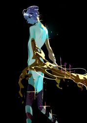 Rule 34 | 1other, aanzy, androgynous, back, black background, blue hair, crystal, gem, glint, gold, golden arms, houseki no kuni, nude, phosphophyllite, short hair, solo, sparkle, spoilers