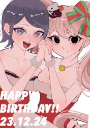 Rule 34 | 2girls, bear hair ornament, birthday, black bra, black eyes, black hair, blonde hair, blue eyes, blush, bow, bra, breasts, cleavage, closed mouth, clover, clover necklace, collarbone, danganronpa: trigger happy havoc, danganronpa (series), dated, dress, enoshima junko, exclamation mark, female focus, four-leaf clover, four-leaf clover necklace, freckles, fur wristband, green bow, hair bow, hair ornament, happy birthday, highres, holding hands, ikusaba mukuro, incest, jewelry, large breasts, multiple girls, necklace, open mouth, red bow, santa costume, santa dress, siblings, simple background, sisters, strapless, strapless bra, tagme, teeth, tongue, twincest, twins, underwear, upper teeth only, white background, white wristband, wristband, yuri