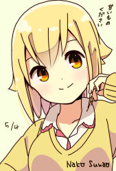 Rule 34 | 1girl, blonde hair, cardigan, character name, closed mouth, collared shirt, commentary request, dated, dot nose, hand up, highres, hitoribocchi no marumaru seikatsu, katsuwo (cr66g), long sleeves, looking at viewer, mole, mole under eye, school uniform, shirt, short hair, simple background, smile, solo, split mouth, sunao nako, translation request, upper body, white shirt, yellow cardigan, yellow eyes