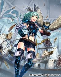 Rule 34 | 10s, 1girl, aqua hair, armor, bird, boots, cardfight!! vanguard, company name, direct owlner debihira, feathered wings, feathers, fingerless gloves, full body, gloves, long hair, matsurika youko, navel, official art, open mouth, owl, ponytail, sword, teeth, thighhighs, weapon, wings, yellow eyes