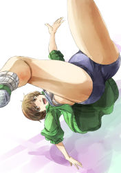 Rule 34 | 1girl, ass, bike shorts, bra, brown eyes, brown hair, gradient background, handstand, jacket, one arm handstand, open mouth, persona, persona 4, satonaka chie, shoes, short hair, smile, sneakers, solo, underwear, upside-down, white bra, yohane