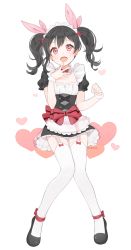Rule 34 | 10s, 1girl, :d, apron, bad id, bad pixiv id, black hair, blush, bow, garter straps, hair ribbon, heart, highres, looking at viewer, love live!, love live! school idol project, maid, maid apron, maid headdress, marin (myuy 3), mogyutto &quot;love&quot; de sekkin chuu!, open mouth, red eyes, revision, ribbon, short hair, simple background, smile, solo, thighhighs, twintails, waist apron, white background, white thighhighs, yazawa nico