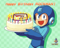 Rule 34 | 1boy, birthday, birthday cake, cake, candle, capcom, english text, food, green background, happy birthday, helmet, male focus, mega man (character), mega man (classic), mega man (series), official art, official wallpaper, pastry, plate, solo, wallpaper