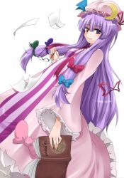 Rule 34 | 1girl, book, bow, crescent, dutch angle, unworn eyewear, female focus, glasses, hat, long hair, papers, patchouli knowledge, purple eyes, purple hair, shie, shie (m417), solo, touhou