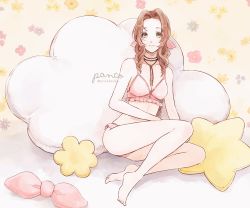 Rule 34 | 1girl, absurdres, aerith gainsborough, ancotsubu, bare arms, bare legs, barefoot, bra, braid, braided ponytail, breasts, brown hair, choker, cleavage, cloud, final fantasy, final fantasy vii, final fantasy vii remake, floral background, flower, full body, green eyes, hair ribbon, highres, lingerie, medium breasts, panties, parted bangs, pillow, pink bra, pink panties, ribbon, sidelocks, sitting, smile, solo, underwear