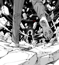Rule 34 | 2boys, aura, barefoot, bouquet, copyright name, dark persona, debris, dirty, dirty feet, eduroku, facing away, floating, flower, following, from behind, gakuran, greyscale, highres, holding, holding bouquet, kageyama shigeo, lamppost, levitation, long sleeves, male focus, mob psycho 100, monochrome, multiple boys, out of frame, outdoors, pants, reigen arataka, ruins, school uniform, short hair, soles, spiked hair, spot color, standing, storm, torn clothes, torn pants, utility pole, visible air, walking, wind