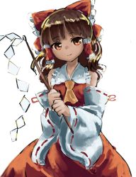Rule 34 | 1girl, absurdres, ascot, bad id, bad pixiv id, bare shoulders, bow, brown hair, detached sleeves, gohei, hair bow, hair tubes, hakurei reimu, highres, holding, long hair, long sleeves, looking at viewer, nob1109, orange eyes, red bow, ribbon-trimmed sleeves, ribbon trim, simple background, solo, touhou, white background, yellow ascot