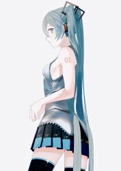 Rule 34 | 1girl, bare shoulders, black skirt, black thighhighs, blue eyes, blue hair, breasts, closed mouth, collared shirt, cowboy shot, frilled shirt, frills, from side, grey shirt, hatsune miku, headset, highres, legs apart, long hair, looking at viewer, miniskirt, number tattoo, own hands together, pleated skirt, potetoneko, shirt, sideboob, sideways glance, simple background, skirt, sleeveless, sleeveless shirt, small breasts, solo, tattoo, thighhighs, twintails, very long hair, vocaloid, white background, zettai ryouiki