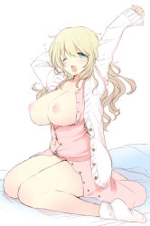 Rule 34 | 10s, 1girl, arms up, atago (kancolle), bed sheet, blonde hair, blush, breasts, breasts out, buttons, cardigan, green eyes, kantai collection, large breasts, long hair, md5 mismatch, mozuya murasaki, nipples, one eye closed, open cardigan, open clothes, open mouth, simple background, sitting, socks, solo, tears, wariza, white background, white socks, yawning