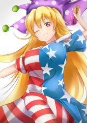 Rule 34 | 1girl, aged up, alternate breast size, american flag dress, american flag legwear, blonde hair, blush, breasts, clownpiece, from below, hat, jester cap, large breasts, lesshat, long hair, looking at viewer, neck ruff, one eye closed, pantyhose, purple eyes, simple background, solo, striped clothes, striped pantyhose, touhou, very long hair, white background