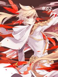 Rule 34 | 10s, 1boy, bishounen, blonde hair, brown background, coat, cowboy shot, earrings, feather earrings, feathers, fire, hood, jewelry, kamui (tales of zestiria), lailah (tales), long hair, looking at viewer, male focus, official alternate costume, ponytail, red eyes, serious, sketch, solo, sorey (tales), tales of (series), tales of zestiria, white coat, yurichi (artist)
