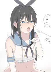 Rule 34 | 1girl, :o, aasu, absurdres, asashio (kancolle), bare shoulders, black bow, black hair, black neckerchief, blue eyes, blue sailor collar, blush, bow, bow hairband, buttons, commentary request, cosplay, cowboy shot, cropped shirt, cum, dot nose, double-breasted, ejaculation, elbow gloves, gloves, hair between eyes, hairband, half-closed eyes, heart, heart-shaped pupils, highres, kantai collection, long hair, looking ahead, navel, neckerchief, nose blush, open hand, open mouth, sailor collar, saliva, shimakaze (kancolle), shimakaze (kancolle) (cosplay), shirt, sidelocks, simple background, sleeveless, sleeveless shirt, solo, stomach, straight hair, sweat, symbol-shaped pupils, teeth, translated, white background, white gloves, white shirt