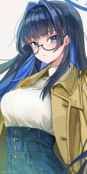 Rule 34 | 1girl, black hair, blue eyes, blue hair, blunt bangs, breasts, brown coat, coat, colored inner hair, denim, hair intakes, high-waist pants, highres, hololive, hololive english, jeans, large breasts, long hair, long sleeves, looking at viewer, multicolored hair, official alternate costume, official alternate hairstyle, ouro kronii, ouro kronii (casual), pants, shirt, solo, sweater tucked in, venn (vebonbon), virtual youtuber, white shirt