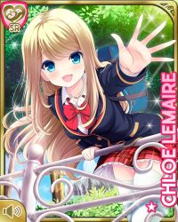 Rule 34 | 1girl, bag, blonde hair, blue eyes, blue jacket, bow, card, character name, chloe lemaire, day, fence, girlfriend (kari), jacket, long hair, official art, open mouth, outdoors, plaid, plaid skirt, qp:flapper, red bow, red neckwear, red skirt, school uniform, shirt, skirt, smile, solo, tagme, waving, white shirt