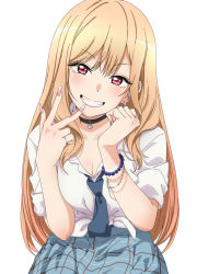 Rule 34 | 1girl, blonde hair, blue necktie, blue skirt, blush, breasts, choker, cleavage, earrings, grin, jewelry, kanau, kitagawa marin, long hair, looking at viewer, medium breasts, nail polish, necktie, parted bangs, pink nails, pleated skirt, red eyes, shirt, skirt, smile, solo, sono bisque doll wa koi wo suru, white background, white shirt