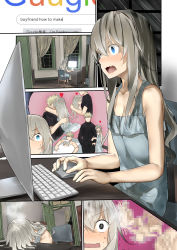 Rule 34 | 1boy, 1girl, :o, absurdres, araido kagiri, bare arms, bare shoulders, blue dress, blue eyes, blush, brand name imitation, breasts, censored, chair, cleavage, collarbone, comic, commentary request, computer, curtains, dress, failure, google, hair between eyes, heart, highres, hug, imagining, indoors, keyboard (computer), long hair, mixed-sex bathing, monitor, mosaic censoring, mouse (computer), open mouth, original, shared bathing, silent comic, silver hair, sitting, sleeveless, sleeveless dress, small breasts, steam, v-shaped eyebrows, wavy mouth, window