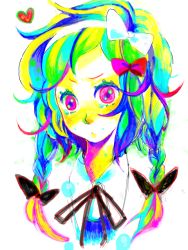 Rule 34 | /lah, /opy, 1girl, bow, braid, colorful, expressionless, hair bow, koyuko (uco), looking at viewer, neck ribbon, ribbon, solo, twin braids, ucocco, upper body