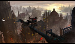 Rule 34 | 1boy, bird, building, cape, chain, cityscape, flag, from behind, hood, kdash, letterboxed, male focus, original, scenery, solo, sun, sword, weapon