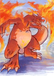 Rule 34 | charizard, claws, colored sclera, creatures (company), fire, flame-tipped tail, game freak, gen 1 pokemon, gigantamax, gigantamax charizard, legs apart, looking down, mo~zu, nintendo, no humans, open mouth, orange sclera, pokemon, pokemon (creature), sharp teeth, solo, standing, symbol-only commentary, teeth, tongue, yellow eyes