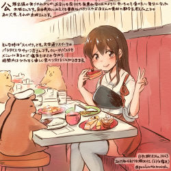 Rule 34 | 10s, 1girl, admiral (kancolle), akagi (kancolle), animal, brown eyes, brown hair, cake, colored pencil (medium), commentary request, dated, eating, food, hamster, holding, holding food, japanese clothes, kantai collection, kirisawa juuzou, long hair, muneate, non-human admiral (kancolle), nontraditional miko, numbered, sitting, smile, tasuki, thighhighs, traditional media, translation request, twitter username, v, white thighhighs