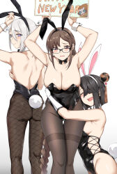 Rule 34 | 1boy, 2girls, animal ears, armpits, arms up, back, bare shoulders, black leotard, black pantyhose, blush, braid, braided ponytail, breasts, brown eyes, brown hair, cleavage, covered navel, covering chest, covering privates, detached collar, fake animal ears, fake tail, fate/grand order, fate (series), glasses, gloves, groin, hair over one eye, half-closed eyes, hand on another&#039;s ass, hand on another&#039;s hip, happy, highleg, highleg leotard, hug, large breasts, leotard, long hair, looking at viewer, male playboy bunny, medium breasts, mole, mole under eye, multiple girls, naha78, new year, no bra, no panties, open mouth, pantyhose, playboy bunny, prince of lan ling (fate), rabbit ears, rabbit tail, short hair, sideboob, sidelocks, simple background, single braid, smile, tail, thighband pantyhose, thighs, trap, very long hair, white background, white gloves, white hair, white wrist cuffs, wrist cuffs, xu fu (fate), yu mei-ren (fate), yuri