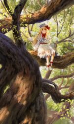 Rule 34 | 1girl, absurdres, blonde hair, blue eyes, blush, capelet, closed mouth, day, dress, fairy, fairy wings, hat, highres, lily white, long hair, long sleeves, outdoors, satellitedragon, shoes, sitting, smile, solo, touhou, tree, white capelet, white dress, white footwear, white hat, wings