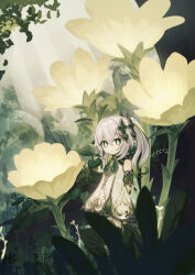 Rule 34 | 1girl, arms behind back, detached sleeves, dress, flower, forest, genshin impact, green eyes, green hair, green sleeves, hair ornament, highres, long hair, looking at viewer, nahida (genshin impact), nature, outdoors, oversized flower, parted lips, pointy ears, ponytail, sacanahen, side ponytail, solo, standing, white dress