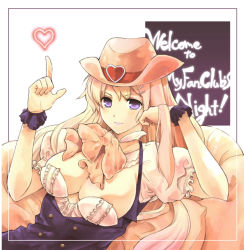 Rule 34 | 1girl, blonde hair, bow, breasts, cleavage, cowboy hat, hair ornament, hairclip, hand on own face, hat, heart, hirokawa tomo, large breasts, long hair, macross, macross frontier, md5 mismatch, pointing, purple eyes, sheryl nome, sitting, smile, solo, cowboy western, wrist cuffs
