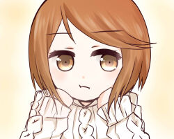 Rule 34 | 1girl, aran sweater, brown background, brown eyes, brown hair, cable knit, child, closed mouth, commentary request, dot nose, hands up, i.u.y, kinuhata saiai, light blush, long hair, looking at viewer, medium hair, solo, sweater, toaru majutsu no index, upper body, white sweater
