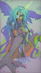Rule 34 | 1girl, arm between legs, ass, asymmetrical footwear, belt, bikini, blue hair, boots, breasts, claws, cleavage, commentary, digimon, digimon (creature), digimon frontier, distortion, facial mark, fairimon, fusion, garter straps, glitch, gloves, gradient hair, green eyes, hair wings, hairband, hand up, highres, long hair, looking at viewer, mask, mask pull, medium breasts, midriff, mismatched footwear, mouth mask, multicolored hair, one eye covered, open mouth, orimoto izumi, pink garter straps, purple belt, purple bikini, purple footwear, purple hair, purple hairband, raichi274, shutumon, sidelocks, single glove, single shoulder pad, single thigh boot, sitting, solo, spirit evolution, swimsuit, thigh boots, thighhighs, transformation, two-tone hair, very long hair, visor, white gloves